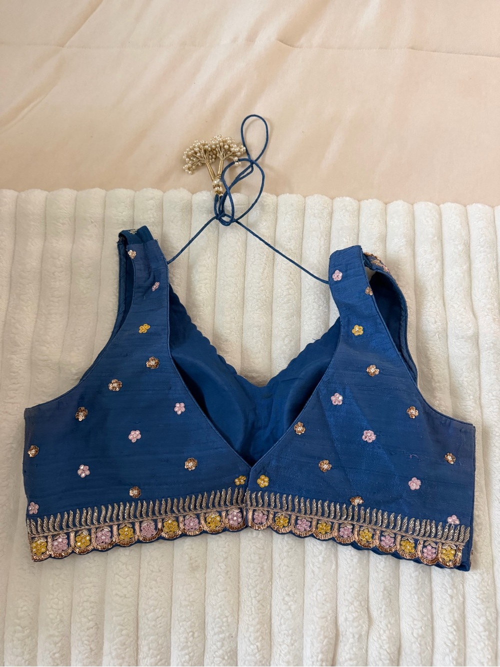 Chamee & Palak Embroidered Jewled Navy Floral Halter Camisole - Picture 4 of 12